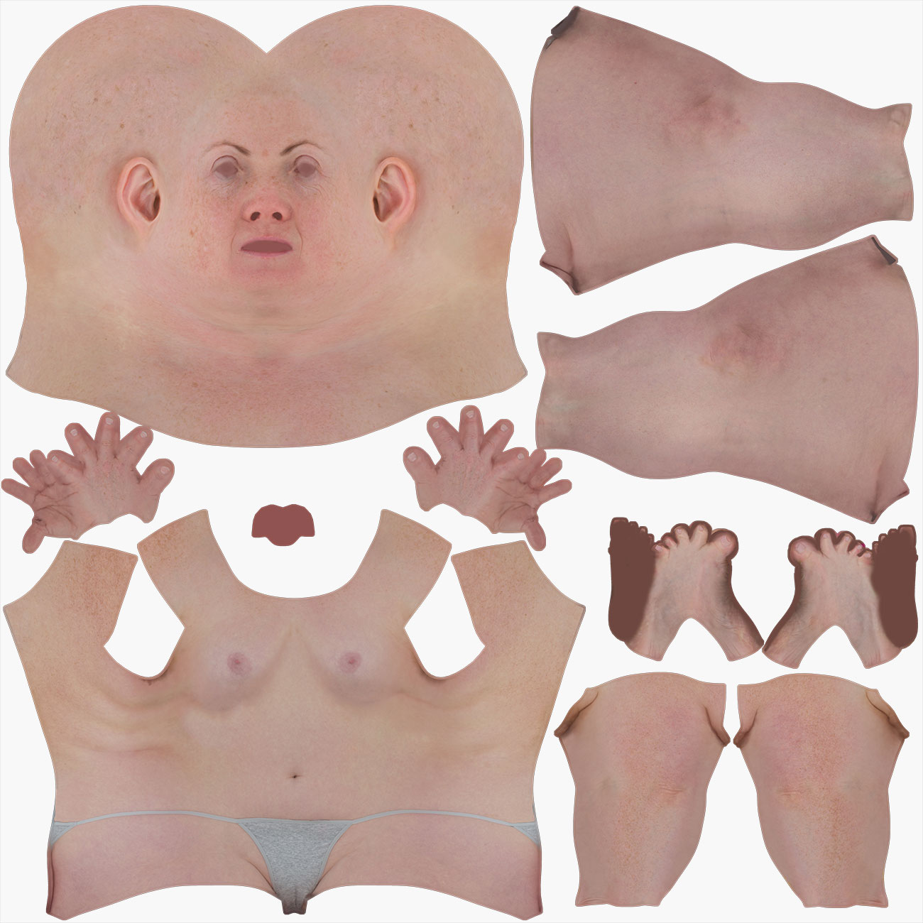 UV unwrap layout for a fuller-figured female 3D body scan showing low-distortion texture mapping across the full mesh